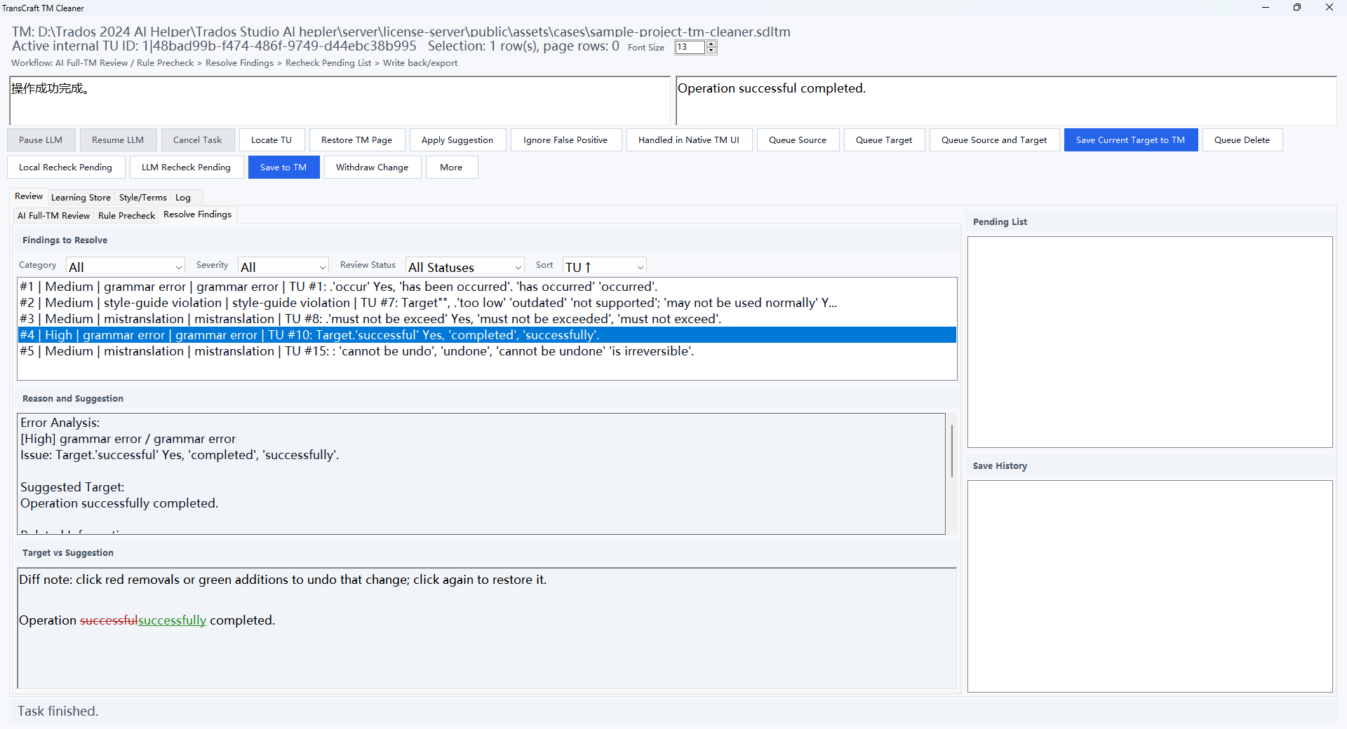 AI TM Cleaner interface showing TM entry review and suggested fixes